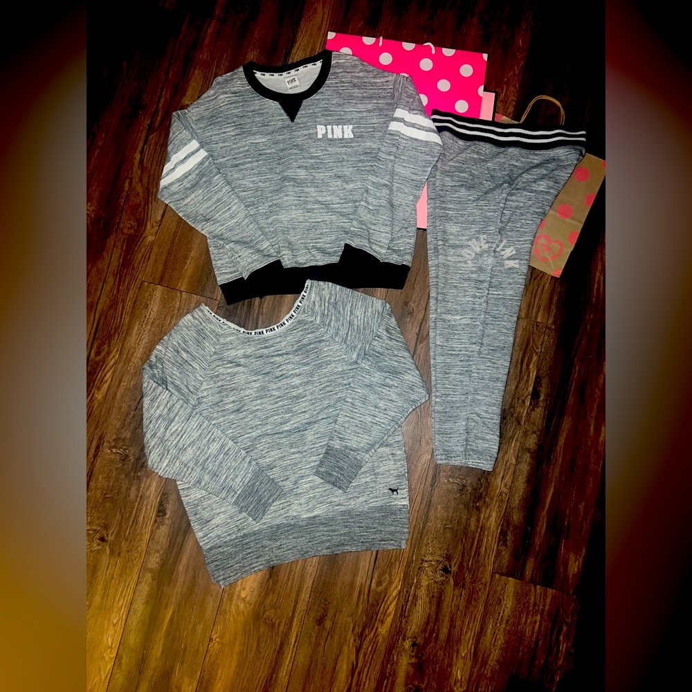 VS PINK 3PC Marl Grey Logo Joggers and Sweatshirts. Size XS/S/M.